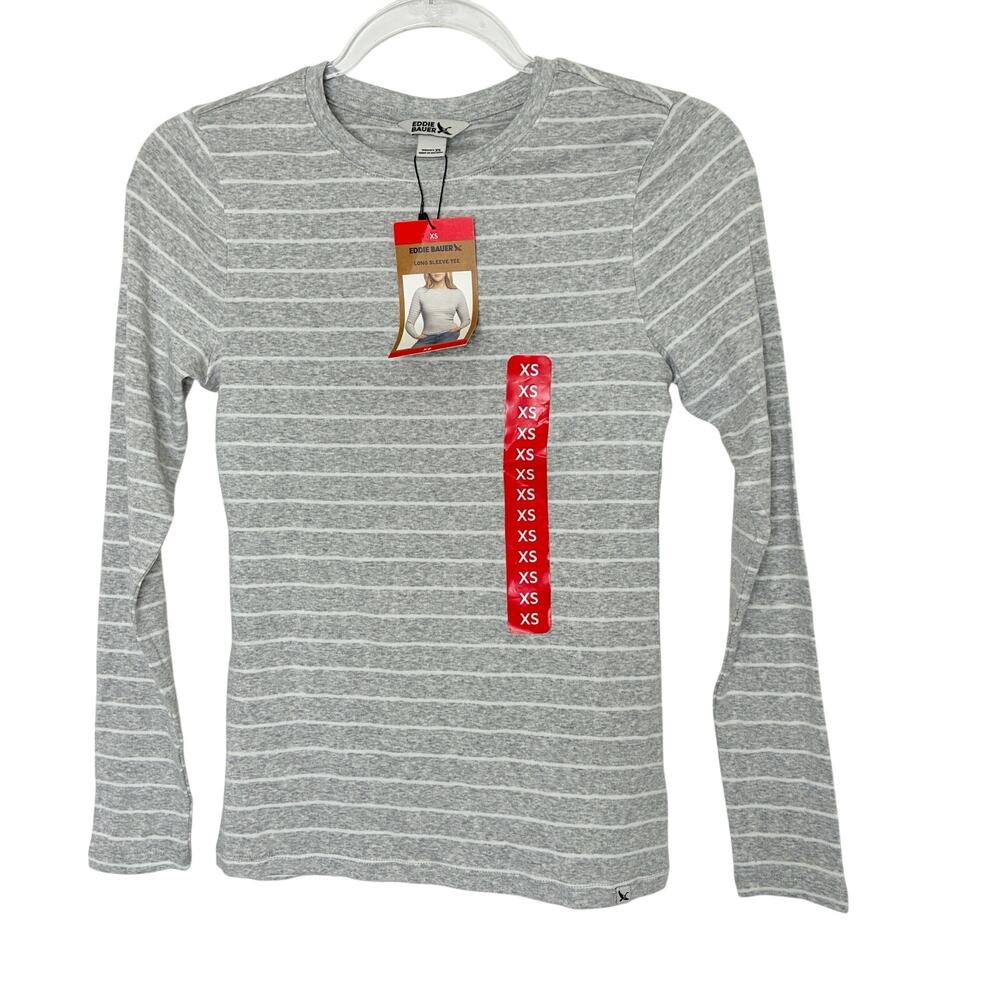 Eddie Bauer Gray Stripe Stretch Long Sleeve Tee Shirt Cotton Blend NWT Womens XS